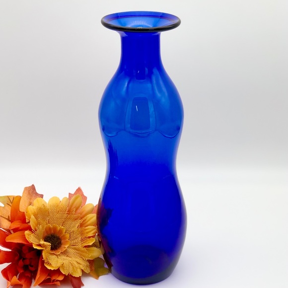 Blenko Other - Vintage Blenko Cobalt Blue Glass Hand Blown 11.5” Tall Gourde Shaped Vase